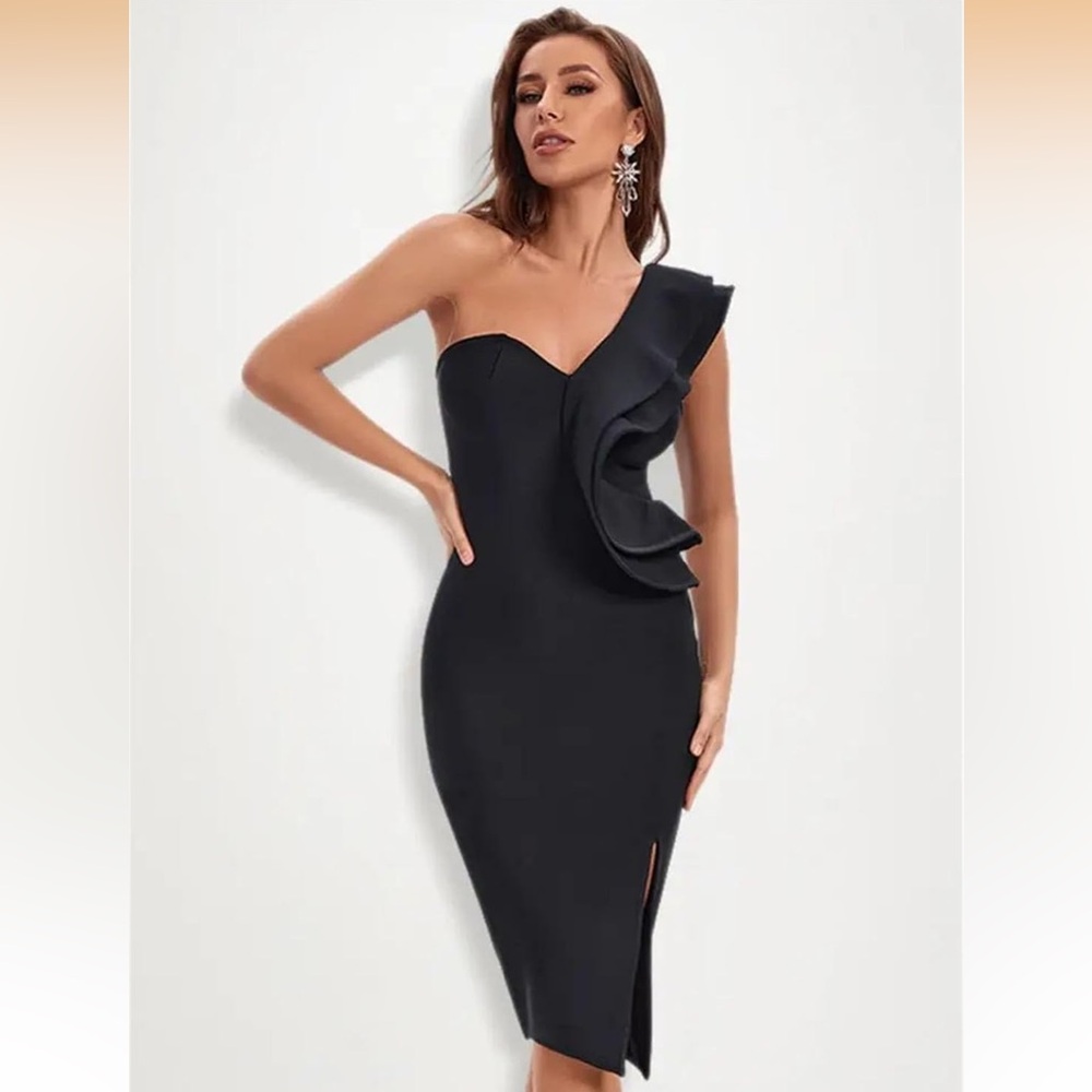 Sexy Black One Shoulder Dress Sweetheart Neckline Ruffles Bodycon Split Large